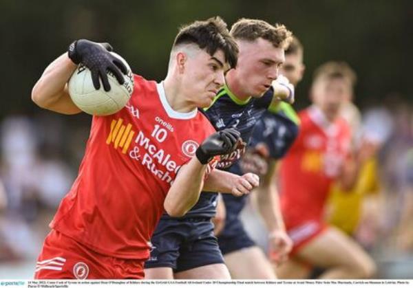 DETERMINED: Co<em></em>nor Cush on the drive with the Tyrone Under 20's against Kildare. 